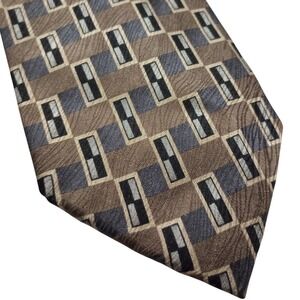 Versini Mens Silk Necktie Brown Blue Geometric Abstract Hand Made Silk Tie